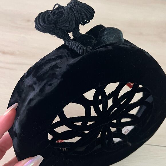 Vintage 50s Black Velvet Open-lattice Pom Pom Pillbox Hat, Vivian San Francisco main image 5